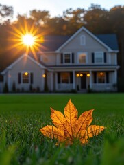 Golden maple leaf on green lawn before suburban house at sunset creating a warm and inviting autumn scene with sun flare and blurred background