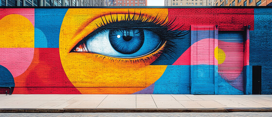 Vibrant street art featuring a large eye in bold colors on a city building wall wallpaper, background, generated by AI street, art, mural, eye, urban, city, building, graffiti, c