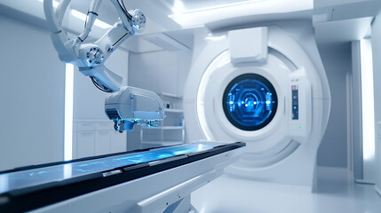 A robotic arm assembling a smart AI powered medical diagnostic scanner, in a futuristic healthcare technology lab with automated patient analysis, Medical innovation style