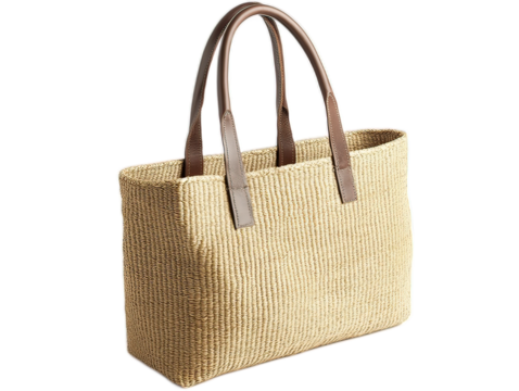 Natural sisal market bag with leather handles, shopping essential with structured bottom on white background