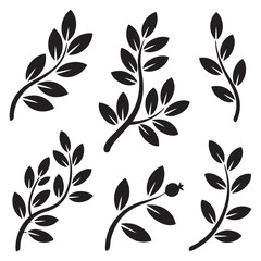 Tree Brunch Silhouettes Icon Set Isolated. Black and White Twig with Leaves Collection. Design Decorative Elements. Spring, Summer Leaves, Brunches, Plants, Leaves, Herbs. Silhouette Vector Black
