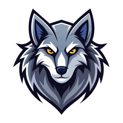 Fototapeta premium A stylized digital illustration of a gray wolfs head with yellow eyes facing forward. Cartoonish design with serious expression and white background.