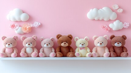 Adorable plush teddy bears sitting in a row with decorative clouds and roses