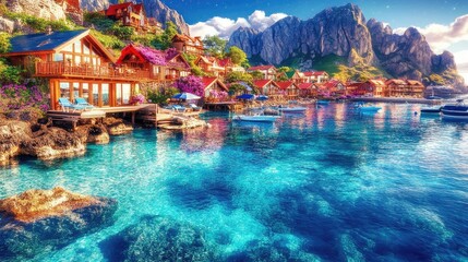 Obraz premium Village houses reflect on clear water; boats, mountains, and skies in sunny, coastal landscape