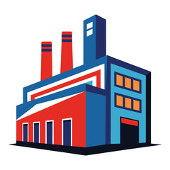 A stylized illustration of a factory building with red, blue, and white colors. The building has three smokestacks and a large central structure with windows.