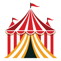 A red and white striped circus tent with yellow and white striped sides. There are three flags on top of the tent.