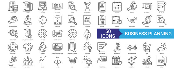 Business Planning icon collection set with accounting, agenda, analysis, audit, competition

