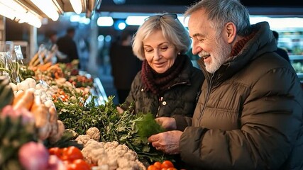 Senior couple joyfully selecting fresh vegetables at a vibrant market stall in the evening - Powered by Adobe