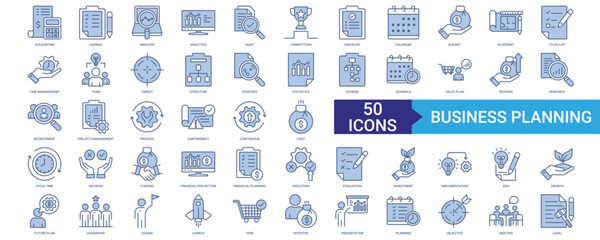 Business Planning icon collection set with accounting, agenda, analysis, audit, competition
