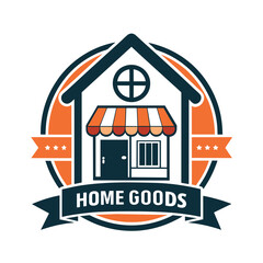 Fototapeta premium A circular logo with a house icon, orange background, and ribbon that reads HOME GOODS.