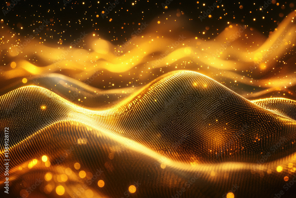 Poster abstract golden waves with sparkling particles, a luxurious and elegant digital art piece.