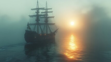 Fototapeta premium Sailing ship with foggy sunset sea.