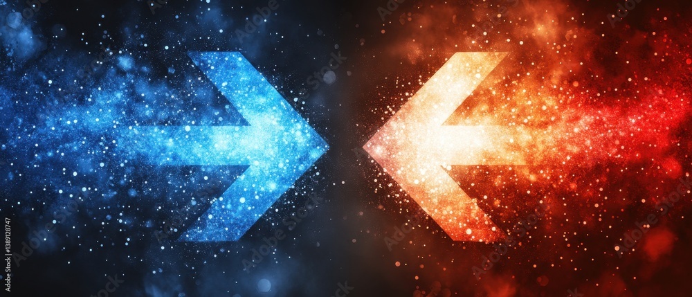 Poster dynamic energy flow abstract arrows in opposing directions with blue and red particle stream effect