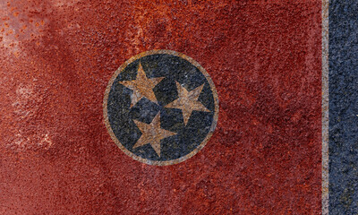 Tennessee State Flag. Dirty Tennessee state flag on rusty metal surface.