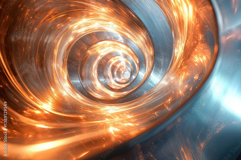 Poster a swirling, metallic tunnel with fiery orange and cool blue hues, creating a mesmerizing vortex effe