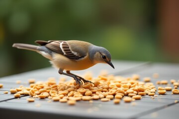 small bird pecking at scattered seeds on table