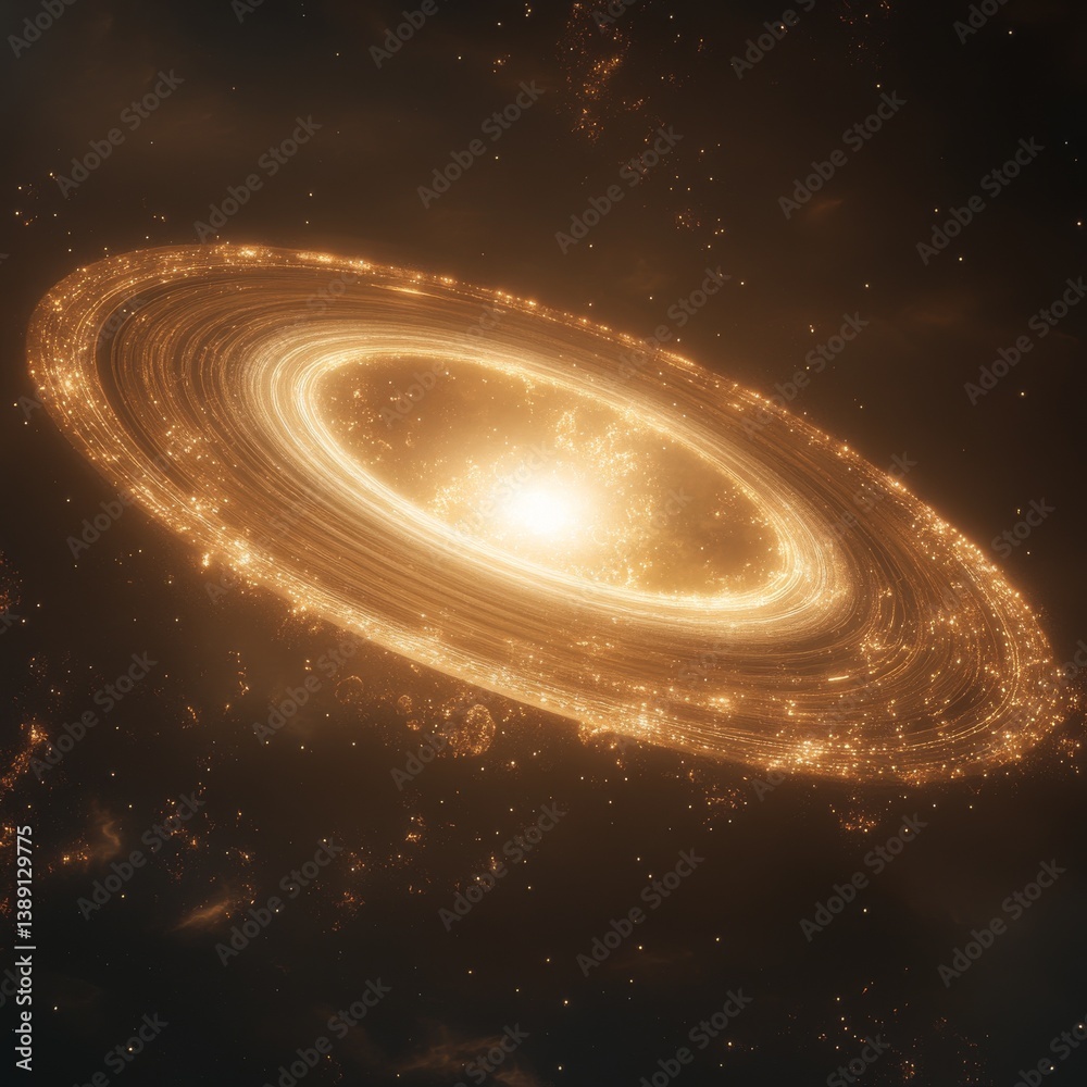 Fototapete cosmic ring nebula: golden disk of light in the deep space, a celestial phenomenon with sparkling ga