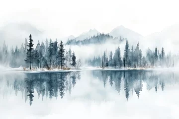 A serene watercolor painting depicting a misty forest landscape reflecting beautifully