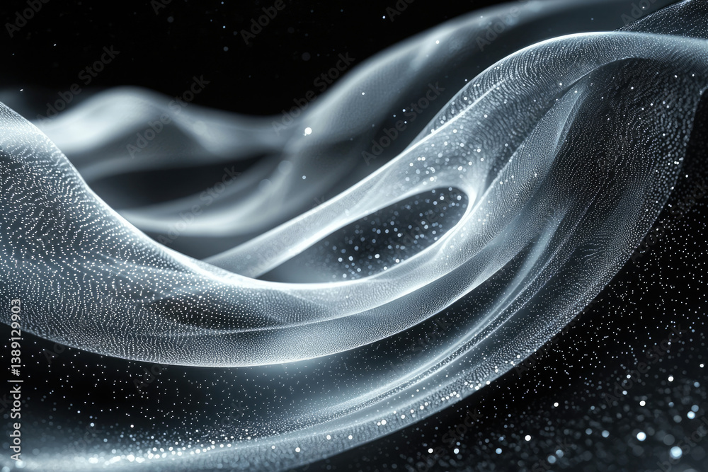 Poster Abstract silver waves with glittering particles on a dark background, creating a dreamy, ethereal atmosphere.