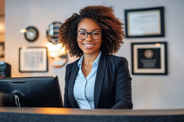 Smiling female hotel receptionist standing behind a front desk.