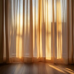 Golden hour sunlight filtering through sheer curtain in minimalist interior, casting soft textures shadows across calm space designed for quiet moments and natural home atmosphere