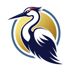 Obraz premium A blue heron in gold circle with blue outline, long neck and beak, wings spread out. Simple yet striking logo conveys strength, grace, and elegance. Perfect for business or organization.