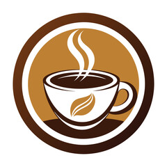 Obraz premium An elegant circular icon featuring a white coffee cup with a leaf design, steaming on a saucer. Ideal for coffee shops, cafes, or beverage businesses.