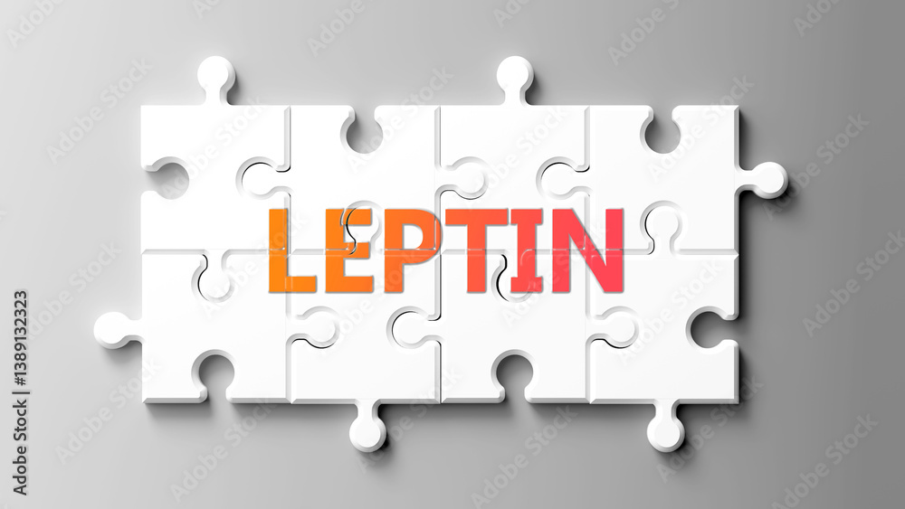 Poster Leptin complex like a puzzle - pictured as word leptin on a puzzle pieces to show that leptin is complex and needs cooperating pieces that fit together. ,3d illustration
