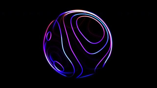 Bright moving curves on surface of rotating sphere. Abstract technology concept: artificial intelligence, voice assistant or data science. Sphere rotates in cyber space, black background, 4K looped