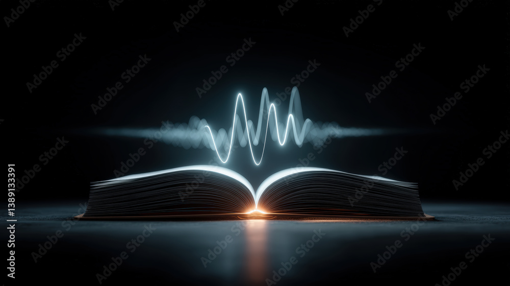 Aufkleber glowing book emits sound wave lines in dark setting, symbolizing knowledge and technology. illuminated pages create futuristic and mysterious atmosphere