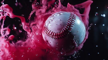 White baseball ball colliding with vibrant multi-colored red vapor and dramatic water splashes on a black isolated background