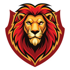 Fototapeta premium A digital illustration of a lions head, featuring a red mane, gold and black accents, set against a shield-shaped background.