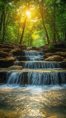 Obraz premium Serene waterfall cascading through lush green forest with sunlight filtering through trees in tranquil nature scene