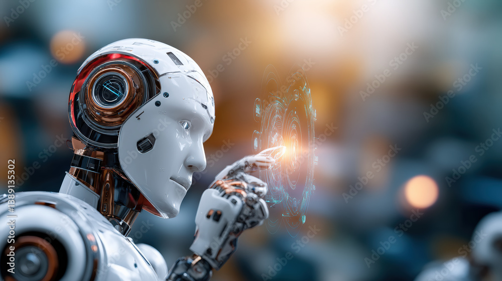 Aufkleber futuristic AI robot interacts with glowing holographic interface, showcasing advanced technology and innovation in robotics. scene is set in high tech environment