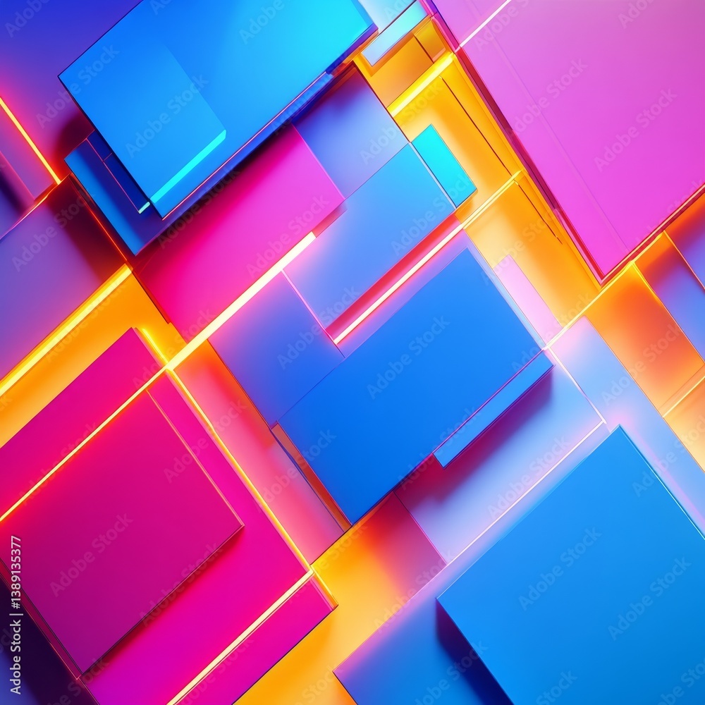 Poster vibrant abstract layers: a dynamic composition of blue and pink rectangles with glowing edges, moder
