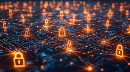 A digital network visualization featuring interconnected nodes with padlock icons, symbolizing cybersecurity and data protection.