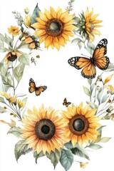 Beautiful watercolor depiction of sunflowers and vibrant orange butterflies