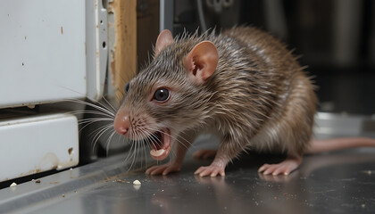 Ugly rat encounter in kitchen close-up photography indoor setting realistic perspective animal behavior
