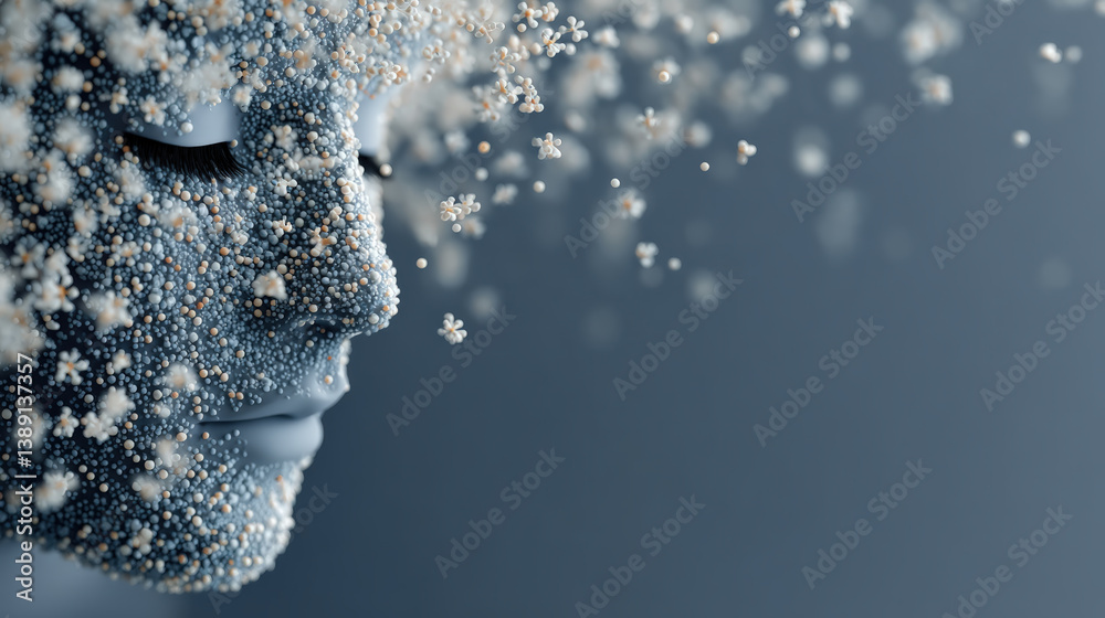 Poster serene face is covered with small, delicate particles, creating dreamy and ethereal effect against soft blue background. image evokes sense of tranquility and wonder