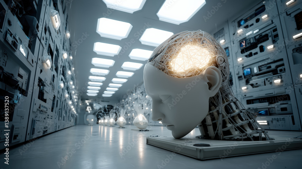 Fototapete futuristic laboratory features glowing artificial intelligence core inside robotic head, surrounded 