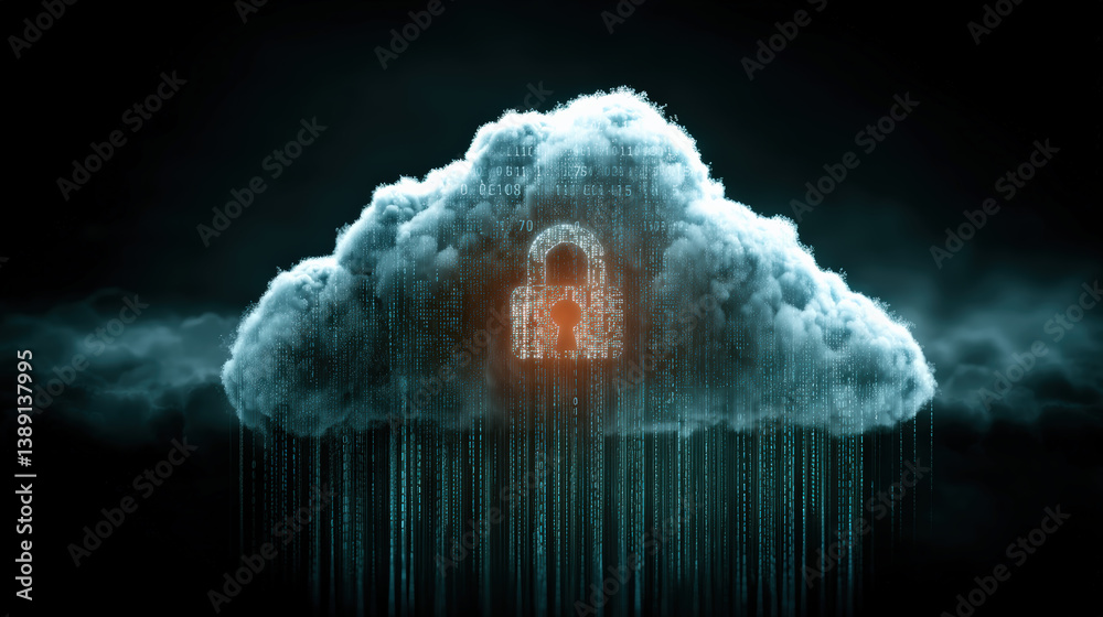 Poster digital padlock is embedded within cloud, surrounded by binary code, symbolizing secure cloud computing and data protection. image conveys sense of security and technology