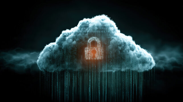 digital padlock is embedded within cloud, surrounded by binary code, symbolizing secure cloud computing and data protection. image conveys sense of security and technology