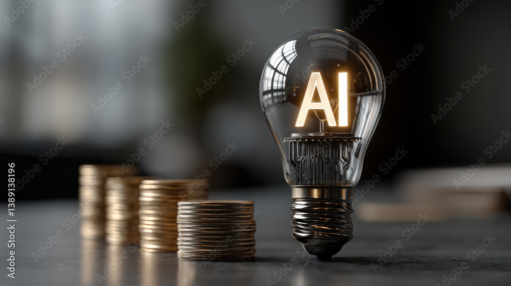 Fototapete glowing lightbulb with ai text stands beside stacks of coins on dark surface, symbolizing intersecti