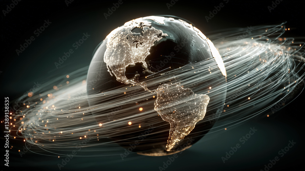 Aufkleber glowing digital globe with illuminated continents is surrounded by dynamic, swirling network lines, 