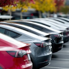 Obraz premium Electric and hybrid cars lined up on dealership sales lot