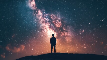Fototapeta premium silhouette of A man gazing up at a breathtaking night sky filled with countless stars, vibrant nebulas, and a clearly visible Milky Way. The environment is serene and peaceful