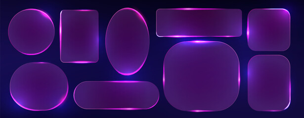 Glass frames with purple neon light set - rectangle and round, square and oval shapes with glowing effect. Futuristic glossy banner border design elements. Night club or game hud ui geometric signs.