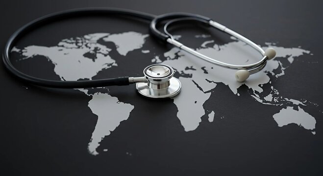 A stethoscope rests on a digital world map, symbolizing the interconnectedness of global healthcare