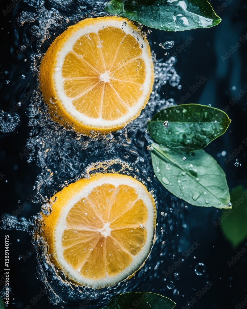Poster vibrant lemon slices dancing in a refreshing water splash creating a dynamic and invigorating visual