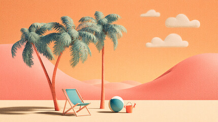 Obraz premium Stylized beach scene with palm trees, beach chair, beach ball, and pail, set against a coral and orange sunset, representing summer vacation and relaxation